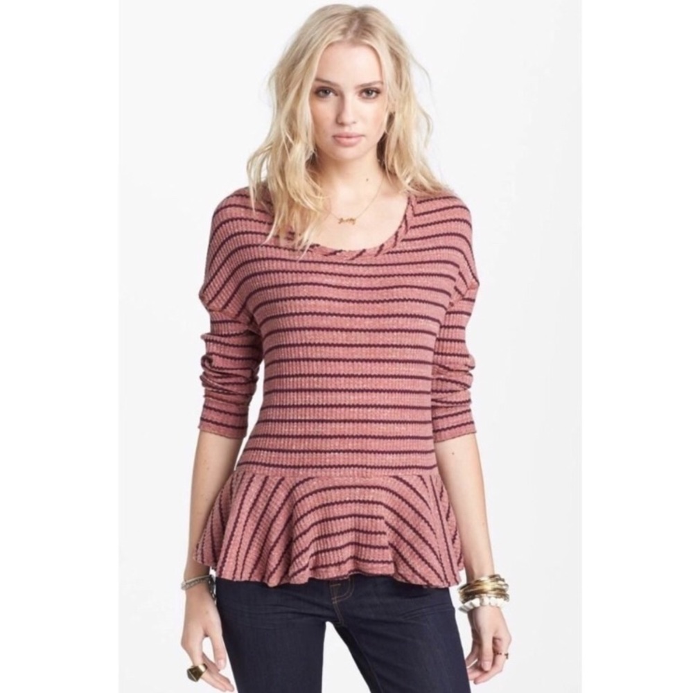 Free People Pink Striped Waffle Knit Top We The Free Aunty Em Peplum Cotton Sz S
